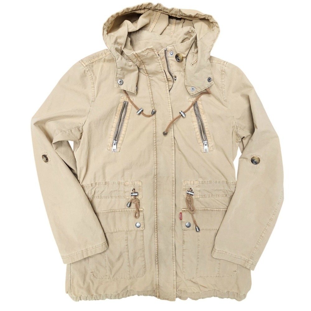 Levis Hooded Utility Field Jacket Khaki Tan Fishtail Parka Small Safari Gorpcore